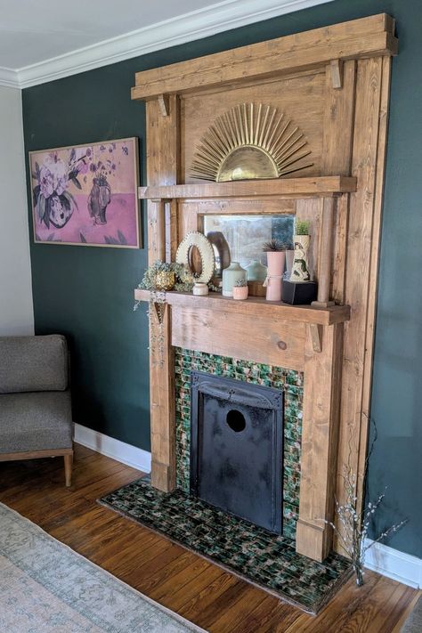 1930s fireplace with new stained wood Green Faux Fireplace, Faux Brick Fireplace Diy, Roycroft Bottle Green, Paint Old Fireplace Brick, Brick Fireplace Diy, Refinish Fireplace Brick, Tiled Fireplace Ideas, Faux Brick Fireplace, Regrout A Brick Fireplace