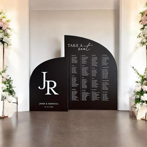 Duo welcome sign and seating chart for Jesse + Rebecca 🖤 Add rear struts to your signage to make it freestanding 💫 . . . #WeddingSeatingChart #WeddingWelcomeSign #WeddingDecor #WeddingDetails #CustomSignage #ElegantWedding #WeddingInspo #ChicWedding #ReceptionDecor #WeddingTrends #PersonalizedSign #EventStyling #SeatingChartIdeas #WelcomeSignIdeas #UniqueDecor Modern Wedding Signage Seating Charts, Large Seating Chart Wedding, Black Tie Wedding Seating Chart, Wedding Seating Chart Black And White, Large Seating Chart, Welcome Sign And Seating Chart, Modern Black And White Wedding Seating Chart, Dark Seating Chart Sign, Polka Dot Paper