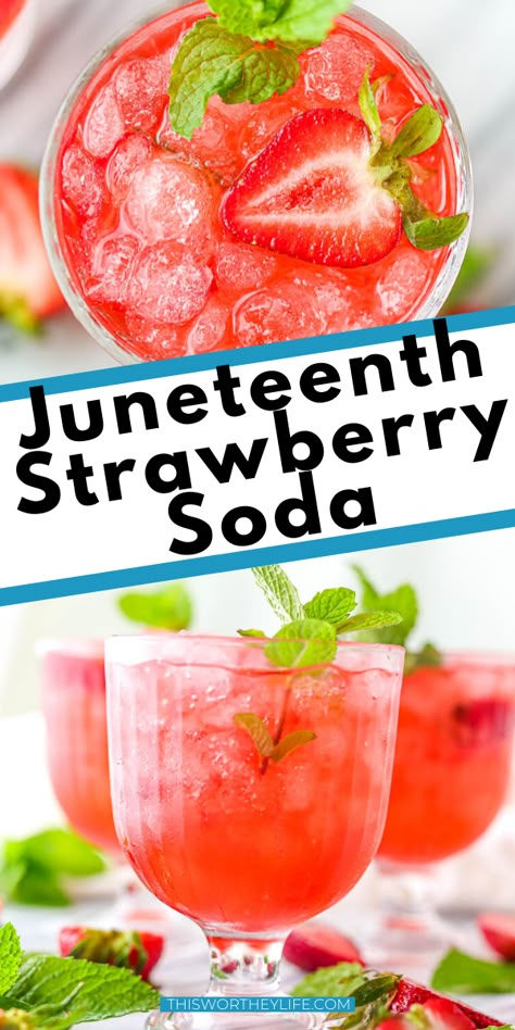 Strawberry Beverages Summer Drinks, Juneteenth Drink Ideas, Strawberry Soda Drink, Juneteenth Dessert Ideas, Juneteenth Celebration Ideas Food, Juneteenth Meals, Juneteenth Desserts, Juneteenth Party Ideas, Juneteenth Food Ideas