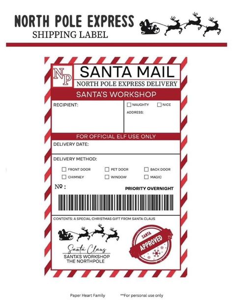 Santa Labels Printable, Elf Mail Free Printable, Santa Envelope Printable Free, Santa Letter Ideas, Elf On Shelf Printables, Elf Delivery, Santa Letters, Santa Mail, Santa Express