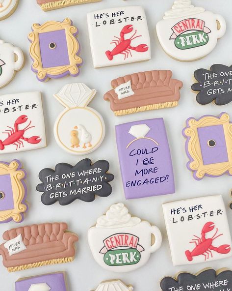 The one where you get married! 👏🦞☕️ Who's your favorite Friends couple? - - - - 🍪 @sugarcookiesisters Inspiration: @sugarandlacecookies Friends Bachelorette Cookies, Friends Bridal Shower Ideas, Friends Themed Wedding Ideas, Friends Themed Bridal Shower Ideas, Bachelorette Sugar Cookies, Friends Bridal Shower Theme, Friends Cookies, Bachelorette Cookies, Engagement Cookies