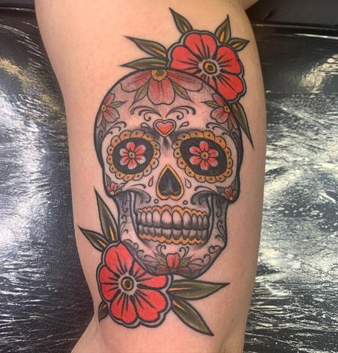 Jesse on Instagram: "Sugar skull tattoo from yesterday 💀 #tattooartist #acesandeightstattoo #tattooideas #sugarskulltattoo #skulltattoo #inkedup #inkedgirls" Skull Candy Tattoos For Women, Sugar Skull Tattoo Design, Traditional Sugar Skull Tattoo, Sugar Skull Sleeve Tattoos For Women, Candy Skull Tattoo For Women, Small Sugar Skull Tattoo, Sugar Skull Tattoo, Sugar Skull Tattoos For Women, Day Of The Dead Tattoo