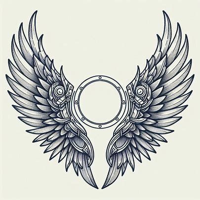 fine line tattoo style drawing of a pair of floating Valkyrie wings. The wings have armor on the leading edge. The wings are spread wide and frame a circle that is between them - Image Creator from Microsoft Designer Small Valkyrie Tattoo, Valkyrie Tattoo Symbols, Valkyrie Wings Tattoo, Valkyrie Tattoo Design, Valkyrie Symbol, Valkyrie Wings, Wing Neck Tattoo, Freya Goddess, Valkyrie Tattoo