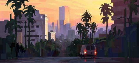 Jordan Grimmer, Environment Painting, City Sunset, Motorcycle Illustration, Bg Design, Sunset City, City Illustration, Scene Design, Sunset Art