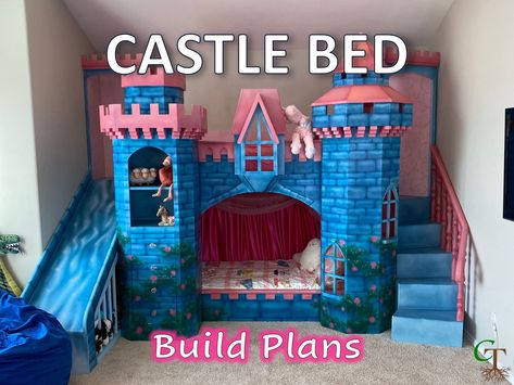 This listing is for the complete digital plans for the "The Castle Bed" as seen on Tok-tok and YouTube. This is a project that your little Princess or Prince will never forget! Every little one wishes they had this dream bed with a built-in slide!  The plans include 216 pages of detailed lists, diagrams, and instructions to guide you along the build process. The bed can fit one or two (bunk bed) twin size mattresses (75"L x 39"W). Finished bunk bed dimensions are 128"L x 79"W (at slide) x 98"H. Beds For Girls Room, Bulldozer Bed, Bunk Beds For Girls, Girls Room Bunk Beds, Bunk Bed Playhouse, Beds For Girls, Princess Castle Bed, Bunk Beds For Girls Room, Bed For Girls Room