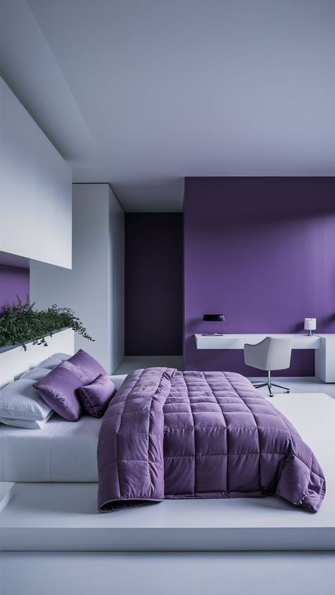 A minimalist bedroom with crisp white walls and clean furniture. The bed features purple bedding with geometric patterns, complemented by sheer white curtains and a simple potted plant. White Color Palette, Fresh Vibes, Purple Bedrooms, Purple Bedroom, Bedroom Goals, Purple And White, Minimalist Bedroom, Modern Spaces, Keep It Simple