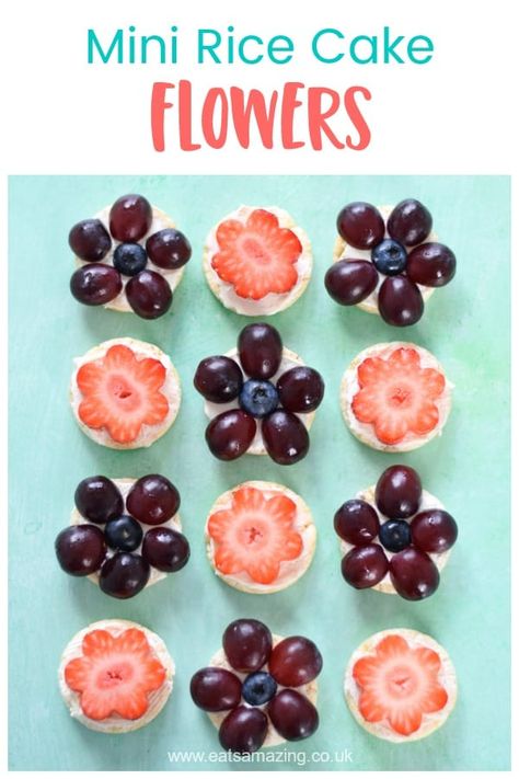 Rice Cake Flowers, Spring Themed Snacks For Kids, Flower Snack Ideas, Flower Snacks For Preschool, Flower Snacks For Kids, Flower Themed Snacks, Flower Theme Food, Flower Themed Party Food, Flower Party Food