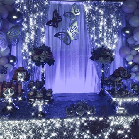 Butterfly Theme Debut Backdrop, Debut Butterfly Theme Ideas, Blue Butterfly Themed Sweet 16, Butterfly Themed Debut Party, Navy Blue Quince Main Table, Sweet 15 Butterfly Theme, Blue Butterfly Themed Birthday Party Backdrop, Sweet 16 Butterfly Theme Decorations, Quince Decorations Butterfly