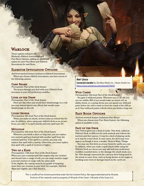 Warlock Pact Of The Deck, Warlock 5e, Dnd Warlock, Dnd Subclasses, Homebrew Classes, Warlock Dnd, Dnd Things, Dnd Classes, Dnd Races