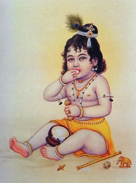 Krishna Enjoying Butter - Reprint on Paper - Unframed picclick.com Krishna Eating Makhan, Krishna Balaram, Feather Crown, Janmashtami Decoration, School Painting, Shri Krishna, Painting On Paper, Hand Painting, Miniature Art