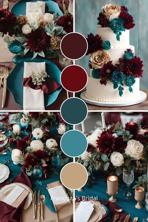 Dark Colors For Wedding, Teal Burgundy Gold Wedding, Dark Green And Teal Wedding, Wine And Teal Wedding, Burgundy Colour Scheme Wedding, February Wedding Colors Rustic, Sapphire And Aquamarine Wedding Theme, Peacock And Burgundy Wedding, Fall Teal Wedding Colors