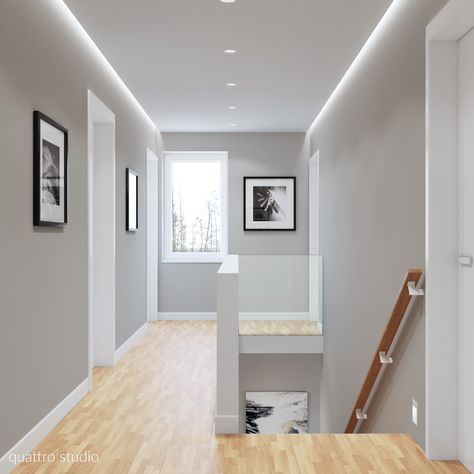 Minty-Grey Taste – Second floor corridor – Quattro Studio Small House Second Floor Ideas, Upstairs Corridor Ideas, Second Floor Hallway Ideas, Small Upstairs Landing, Second Floor Stairs, Stairs To Second Floor, Second Floor Hallway, Apartment Stairs, Upstairs Landing