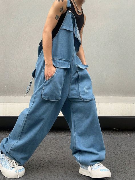 Men's Loose Fit Cargo Denim Overalls , Baggy Overall Plain Light Blue Going Out Street Wear Blue Casual  Sleeveless Denim Plain Wide Leg Non-Stretch  Men Clothing, size features are:Bust: ,Length: ,Sleeve Length: 90s Overalls Outfit, Demin Outfit, Denim Attire, Overall Men, Baggy Overalls, Denim Jumpsuit Overalls, Mens Overalls, Overalls Men, Moda Denim