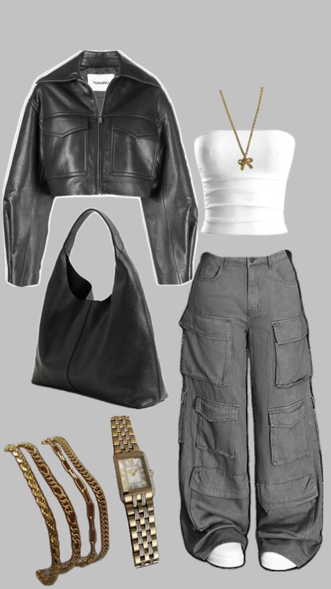 Fashion flat lay of a trendy streetwear outfit with a black leather jacket, white tube top, gray cargo pants, black slouchy bag, gold accessories, and white sneakers on a gray background Crop Leather Jacket Outfit, Leather Cargo Pants Outfit, Cropped Leather Jacket Outfit, White Leather Jacket Outfit, Leather Top Outfit, Top Cargo Pants, Tube Top Outfits, Black Pants Outfit, White Tube Top