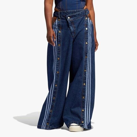 Adidas Originals Women's Ivy Park Denim Wide Leg Snap Pant H61716 Limited Amount Of These Left Denim Diy Clothes, Black Flared Leggings, Cargo Pants Streetwear, Snap Pants, White Pants Women, Denim Wide Leg, Denim Projects, Tracksuit Pants, Adidas Originals Women