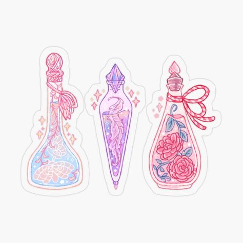 Get my art printed on awesome products. Support me at Redbubble #RBandME: https://www.redbubble.com/i/sticker/Feelings-Magical-Potions-by-danipui/119859611.O9UDB?asc=u Pink Stickers, Pins Enamel, Creative Coffee, Plastic Stickers, Floral Stickers, Mystical Art, Sketchbook Inspiration, Crystal Art, Spell Book