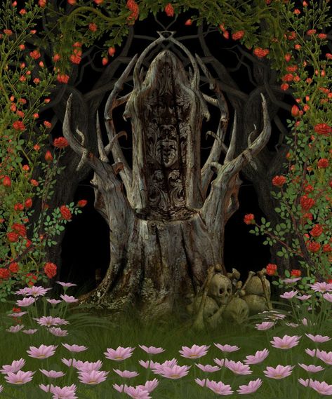 Throne Background, Viking Buildings, Wooden Throne, Stump Carving, Fantasy Settings, Skulls And Flowers, Elf King, Baba Jaga, Manly Stuff