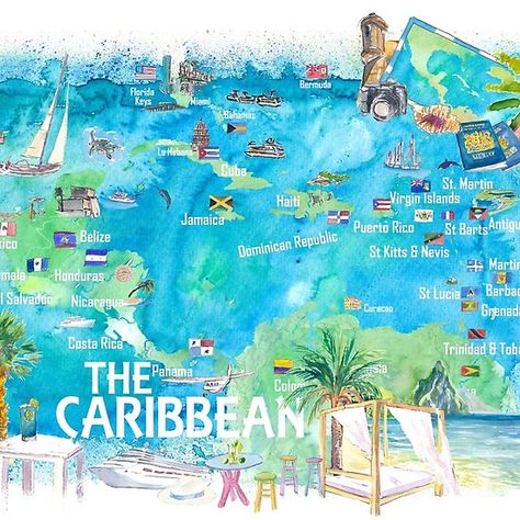 Eastern and Western Caribbean Illustrated Travel Map with Landmarks Highlights and Impressions Carribean Illustration, Carribean Map, Caribbean Islands Map, Caribbean Vibes, Jamaican Vacation, Dorm Hacks, Cruise Ideas, Jimmy Buffet, Western Caribbean