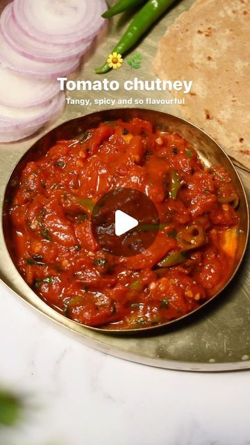 Neha 🥢 Food blogger on Instagram: "Tomato chutney 🍅  Red tomatoes, ghee, mustard seeds, green chilies, salt, red chili powder, jaggery or sugar, fenugreek leaves 🍃   Store in airtight container for 4-5 day!!  But it won’t stay that much as it’s so addictive 🙈  Enjoy it with some paratha, thepla, rice or as sandwich spread.  #tamatar #chutney #vegetarianrecipe #culinarychaser  [chutney, Indian recipe, condiments, viral tomato chutney]" Red Tomato Chutney Recipe, Tamatar Chutney, Garlic Meals, South Indian Tomato Chutney, Spicy Tomato Chutney, Vegetarian Sides, Fenugreek Leaves, Indian Recipe, Tomato Chutney