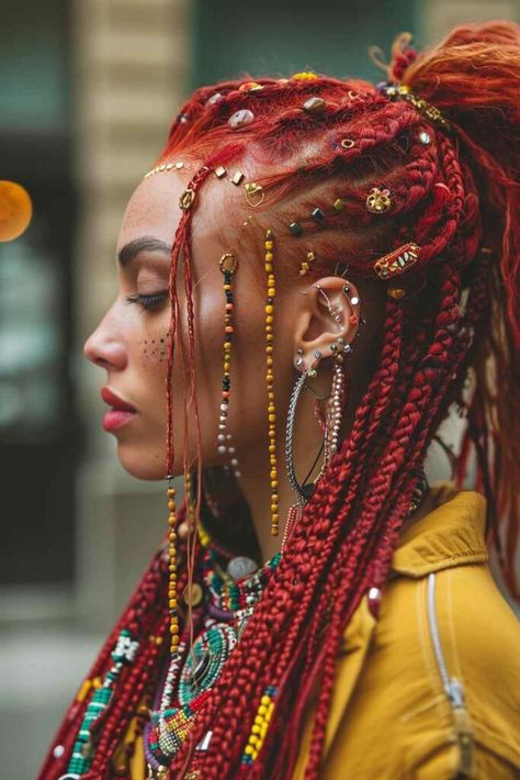 72 Braided Hairstyles Featuring Baubles, Bangles and Beads (Concept Design) - StileStack Braid Beads Hairstyles, Eccentric Hairstyles, Braided Hair With Beads, Braids With Jewels, Braided Beads Hairstyles, Aquarius Rising Aesthetic, Punk Braids, Cyberpunk Hair, Pirate Hair