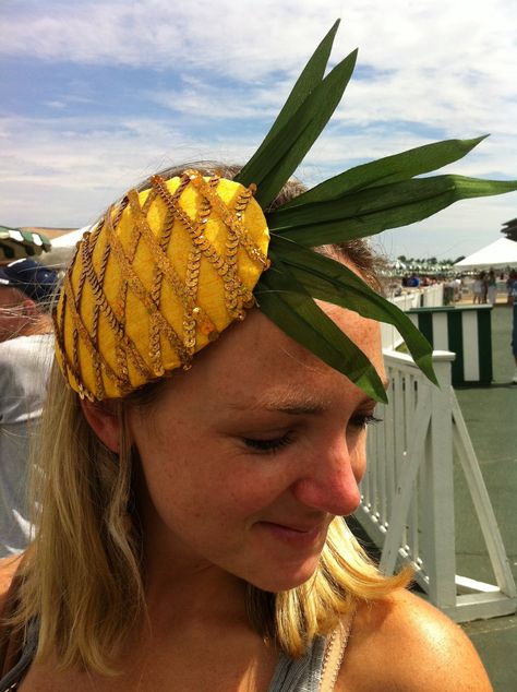 Pineapple fascinator made by Sarah Diy Pineapple Costume, Pineapple Costume Diy, Tropical Hat, Pineapple Outfit, High Tea Hats, Hawaiian Hats, Sunflower Wreath Diy, Pineapple Costume, Pineapple Hat