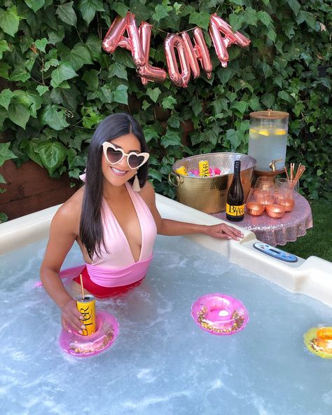 How to Throw a Hot Tub Party - Kelsey Kaplan Fashion | petite swim outfit | pink stripe one piece swim suit, heart sunglasses Hot Tub Birthday Party, Hot Tub Birthday Party Ideas, Hot Tub Bachelorette Party, Hot Tub Party Aesthetic, Hot Tub Party Ideas, Hot Tub Party, Tiki Umbrella, Swim Outfit, Bowtie Pasta Salad