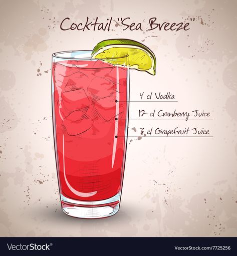 Long Drinks Cocktails, Bacardi Cocktails, Sea Breeze Cocktail, Bacardi Cocktail, Bartender Drinks Recipes, Holiday Party Drinks, Bartender Drinks, Cocktail Drinks Alcoholic, Cocktail Illustration