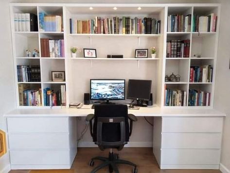 Office Kallax Ikea, Ikea Kallax Library, Kallax Ikea Office, Diy Kallax Desk, Malm Desk Ikea Home Office, Ikea Malm Office, Kallax Ikea Ideas Bedrooms, Kallax Library, Kallax Office Ideas