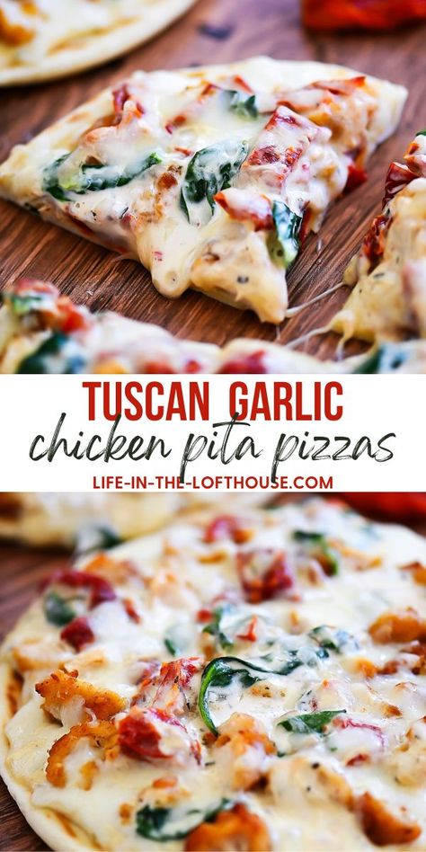 Tuscan Garlic Chicken Pita Pizzas are loaded with chicken, sun-dried tomatoes, and cheese over a creamy garlic Alfredo sauce. These personal pizzas are so delicious and simple to prepare! Garlic Alfredo Sauce, Personal Pizzas, Tomatoes And Cheese, Tuscan Garlic Chicken, Chicken Pita, Pita Pizzas, Pizza Recipes Homemade, Sun Dried Tomatoes, Creamy Garlic