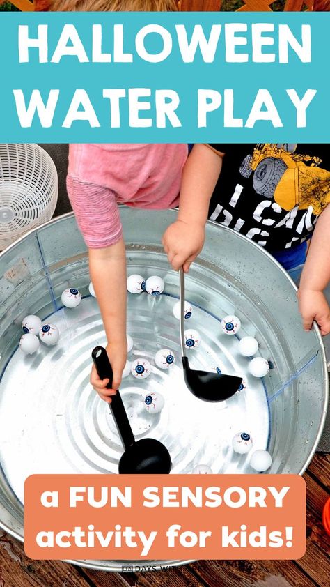 two children scooping plastic eyeballs out of a large water container for a Halloween water sensory bin Halloween Water Sensory Bin, Outdoor Halloween Activities For Preschool, Halloween Sensory Bin Ideas, Water Sensory Bin, Sensory Bin For Preschoolers, Halloween Sensory Play, Sensory Water Play, Orange Food, Halloween Crafts Preschool