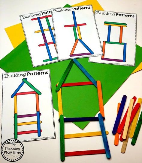 Preschool Patterns Activity - Building Patterns Construction Theme #patterns #constructiontheme #preschool #preschoolworksheets #planningplaytime Popsicle Stick Construction, Construction Games Preschool, Preschool Building Center, Building Ideas For Preschoolers, The House That Jack Built Preschool Activities, Bristle Block Activities, Popsicle Sticks Activities Preschool, Construction Fine Motor Activities, Building Study Activities Preschool