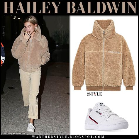 Hailey Baldwin in beige teddy jacket and beige pants #streetstyle #fashion #style #casual #outfit #winter Beige Teddy Jacket Outfit, Teddy Hoodie Outfit, Model Casual Outfit, Teddy Jacket Outfit, Hailey Bieber Street Style, Combine Clothes, Aritzia Jacket, Teddy Hoodie, Hailey Baldwin Style