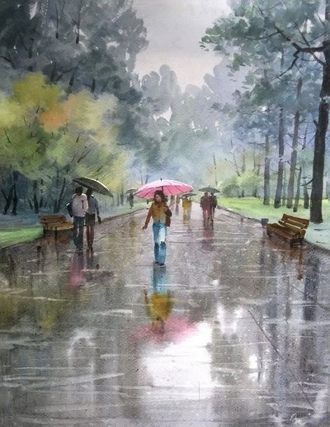 Ilya Gorgots Rainy Day Watercolor, Watercolor Scenery, Watercolor Art Landscape, Watercolor Blog, Rain Painting, Rain Art, Watercolor Architecture, Umbrella Art, Scenery Paintings