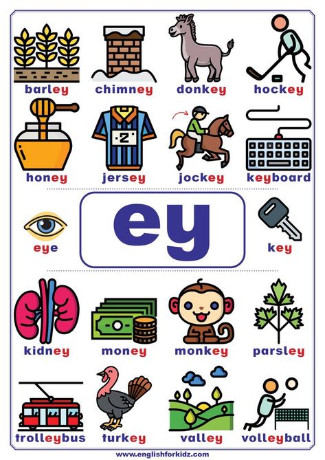 List of ey words Ey Sound Words, Ey Words Phonics, Spelling Words Worksheets, Ingles Kids, Family Worksheets, Words Activities, Phonics Chart, Words Worksheet, Teach English To Kids