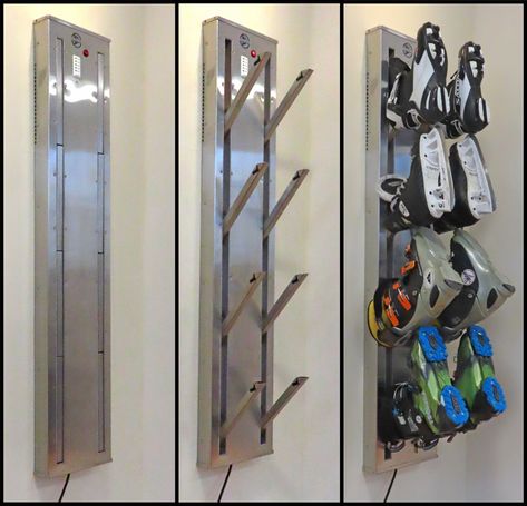 Space saving boot dryers for wall mounting in any mudroom, locker room, or apartment. Perfect for ski boots,, shoes, skates, gloves. Stainless steel construction. Forced warm or ambient air for fast drying. Timer and heat switch included. Ski Boot Storage, Ski Mudroom, Wall Pegs, Shoe Dryers, Mudroom Locker, Glove Dryer, Ski Locker, Barn Boots, Boot Dryer