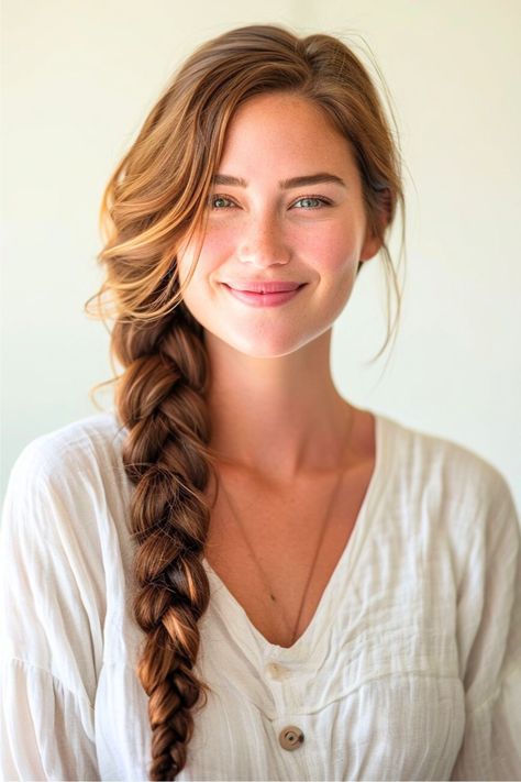 Loosely Braided Hair, Thick Side Braid, Side Braid Reference, Long Face Wedding Hairstyles, Thick Loose Braid, Over Shoulder Braid, Side Swept Braided Hairstyles, Loose Hair With Braid, Long Thick Braid