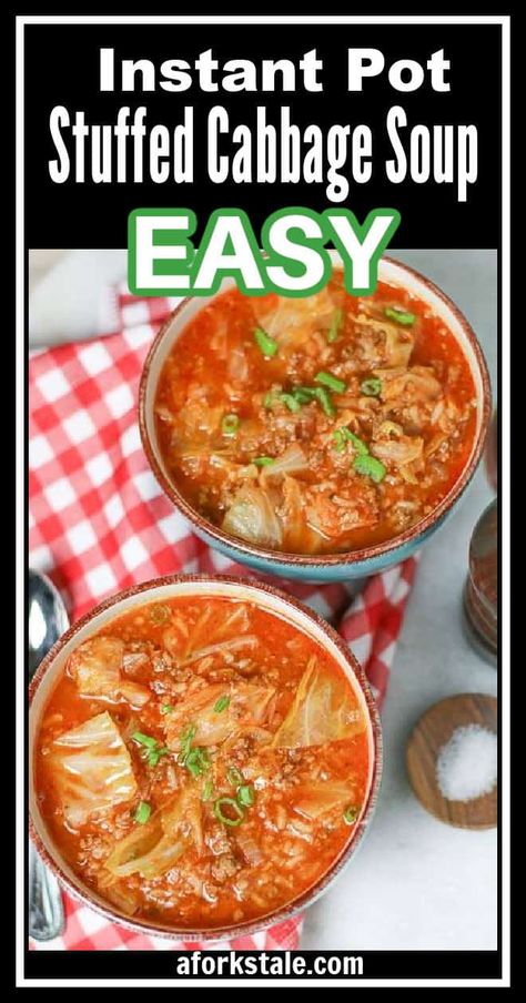 Do you love stuffed cabbage? Then you will love this Instant Pot Stuffed Cabbage Soup recipe. It has all of your favorite ingredients of traditional stuffed cabbage thrown together easily in the Instant Pot. The result is a big bowl of warm, tasty, comfort food. #instantpot #stuffedcabbage #stuffedcabbagesoup Stuffed Cabbage Soup Recipe, Stuffed Cabbage Soup, Soup Cabbage, Cabbage Soup Recipe, Soup Appetizers, Stuffed Cabbage, Instant Pot Soup Recipes, Easy Meal Ideas, Best Soup Recipes