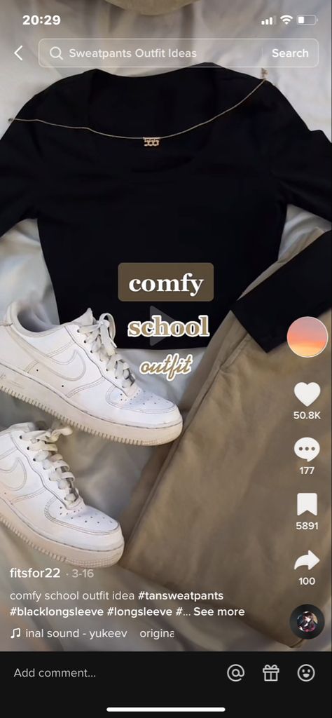 Tan Sweatpants Outfit, Tan Sweatpants, Sweatpants Outfit Ideas, Comfy School Outfits, Sweatpants Outfit, School Outfit, Black Long Sleeve, Converse Sneaker, Sweatpants