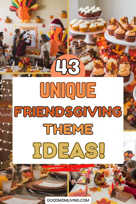 A vibrant Friendsgiving celebration featuring a festive table setting with autumn decorations, delicious desserts, and guests engaging in activities. The image showcases a large inflatable turkey and a backdrop adorned with fall leaves, highlighting unique Friendsgiving theme ideas for gatherings. Thanksgiving Theme Party Outfit, Friendsgiving Family Games, Thanksgiving Food Themes, Football Themed Thanksgiving, Friendsgiving Ideas Food Nontraditional, Thanksgiving Christmas Party, Themes For Friendsgiving, Thanksgiving Football Party, Friendsgiving Kids Food