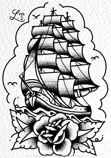 American Traditional clipper ship tattoo design. | Tatuagem tradicional, Tatuagem tradicional americana, Arte da tatuagem tradicional Traditional Clipper Ship Tattoo, Clipper Ship Tattoo, Ship Tattoo Design, Traditional Nautical Tattoo, Traditional Ship Tattoo, Traditional Tattoo Outline, Traditional Tattoo Drawings, Traditional Black Tattoo, Traditional Tattoo Old School