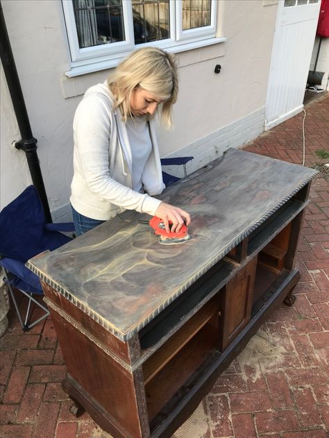 FP-01.3 Sideboard - Countertop strip. We used mouse sander from 80 grit to 180 grit then 240 grit using a woodblock to finish Furniture Projects, Pallet Coffee Table, Sideboard, Countertops, Coffee Table, Furniture, Home Decor, Home Décor