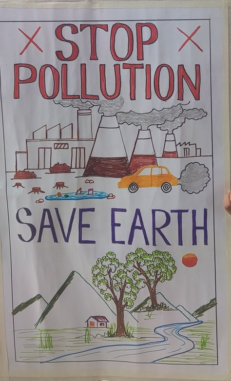 School Project kids education for pollution awareness Poster On Environmental Pollution, Air Pollution Poster Creative, Stop Air Pollution Poster, Air Pollution Poster For Kids, Environmental Posters Creative, Pollution Poster Project, Pollution Poster Drawing, Air Pollution Poster Project, Pollution Project Ideas