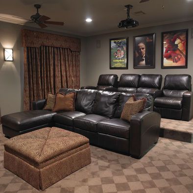 Media Room chair setup- we just need to build a platform to raise the area behind the first couch! Media Room Chairs, Sala Cinema, Media Room Seating, Temple Texas, Basement Room, Media Room Design, Home Cinema Room, Best Home Theater, Man Cave Home Bar