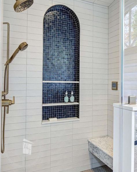 Thanks to @traceystephensinteriordesigns for using our tile in this bathroom remodel. We love the arched niche! Photo by: @wingfwong Posted originally by: @asidnj . . . #bathroomremodel #bathroomtiles #bathroomdesign Tile Around Arched Window, Arched Niche In Wall Bathroom, Arch Shower Niche, Arched Shower Niche, Arched Shower Opening, Large Shower Niche, Bathroom Remodel Blue, Tiled Arch, Modern Spanish Style Bathroom