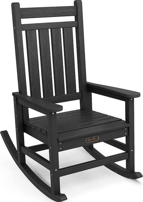 SERWALL Oversized Rocking Chair, Outdoor Rocking Chair for Adults, All Weather Resistant Porch Rocker for Lawn Garden, Black Front Porch Rocking Chairs, Rocking Chair Outdoor, Adirondack Rocking Chair, Outdoor Rocking Chair, Rocking Chair Porch, Porch Rocker, Rocking Chair Cushions, Folding Adirondack Chairs, Chair Outdoor