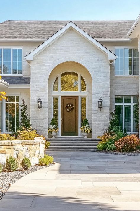 69 Beautiful Stone Exterior Houses That Stand the Test of Time House Made Of Stone, Timeless Stone Exterior, Cream Rock House Exterior, Painted Stone House Exterior, Light Stone House Exterior, Limestone Exterior House, Rock House Exterior, White Stone House, Deck Columns