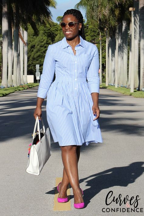 striped shirt dress, how to wear a shirt dress, pleated shirt dress, curvy style blogger, how to dress for work, outfits office managers wear, professional… Pink Pumps Outfit, How To Wear Shirt, Dress Curvy, Pumps Outfit, Pleated Shirt Dress, Leandra Medine, Giovanna Battaglia, Outfit Classy, Curvy Style