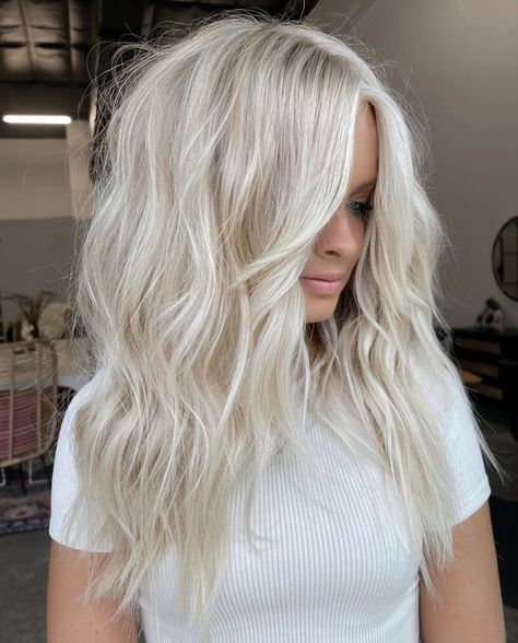 Lowlights In Platinum Hair, Bright Blonde All Over Color, Long Icy Blonde Hair With Layers, Blonde With Curtain Bangs Long, Super Blonde Medium Length Hair, Blonde Hair With No Roots, Cool Ice Blonde Hair Color, Icy Blonde Hair Inspiration, Bright Blonde Summer Hair 2023