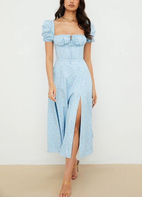 Square Collar Puff Sleeve Off Shoulder Side Split A-line Dress – Kakas-collection Long Summer Dress, Designer Summer Dresses, Cheap Maxi Dresses, Puff Sleeve Midi Dress, Boho Midi Dress, Long Summer Dresses, Sleeve Midi Dress, Maxi Dresses Casual, Blue Ivory