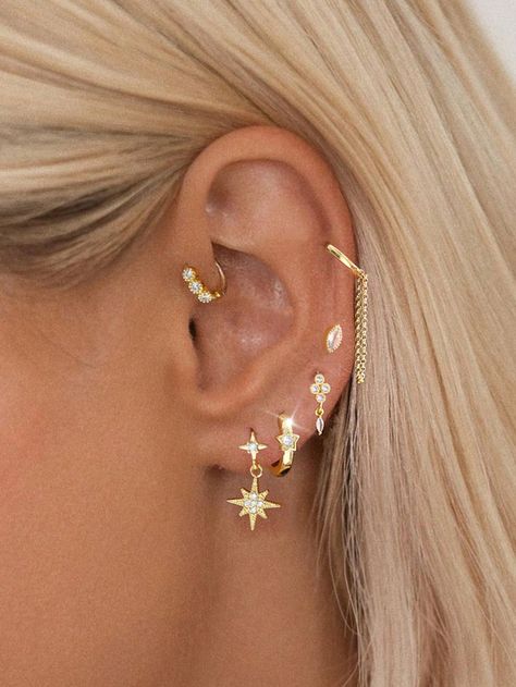 Or jaune  Collar  Cuivre   Embellished Hoop And Stud Earrings, Womens Earrings Fashion, Women’s Piercings Ear, Gold Jewelry Earings, Earing Placement Idea, 6 Ear Piercings, Preppy Ear Piercings, Ear Inspo Jewelry, Stacked Earrings Aesthetic